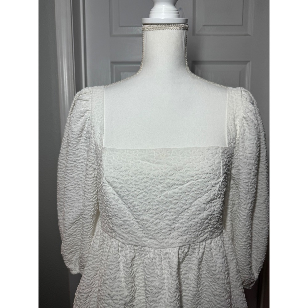 TCEC Peplum Puff Sleeve Babydoll Top Large White Textured Jacquard - Picture 2 of 7